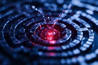 Red liquid drop creates concentric ripple pattern on dark reflective surface with dramatic lighting and bokeh effect, capturing moment of impact in macro photography.