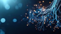 Glowing blue neural network branches with orange light particles against dark background, representing artificial intelligence and neural connections.