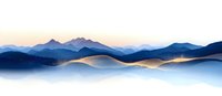 Minimalist mountain landscape at sunrise with layered silhouettes and golden light effects on misty peaks creating serene panoramic view against morning sky.