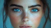 Close up portrait of young woman with intense blue eyes, natural freckles, and soft pink lips against turquoise background. Artistic beauty and fashion photography.