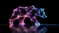 Geometric neon bear silhouette with connected dots and lines glowing in pink and blue gradient colors against dark background with reflection on glossy surface.
