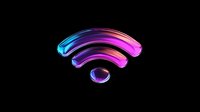 Glowing neon wifi symbol with vibrant pink and blue gradient colors on black background, isolated design element for technology and connectivity concepts.