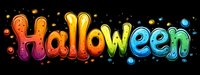 Colorful rainbow gradient Halloween text with glowing bubble effect on black background, festive lettering design for holiday decoration and party invitations.