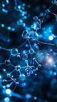 Molecular structure in glowing blue tones with connected spheres representing atoms, suitable for science and technology backgrounds.
