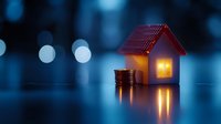 Glowing miniature house with stacked coins on blue bokeh background, symbolizing real estate investment, home savings and financial planning concept.