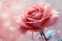 Pink rose with water drops on petals against soft bokeh background, romantic floral composition with morning dew and dreamy atmosphere.