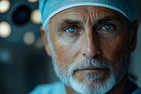 Senior male surgeon with blue eyes and gray beard wearing surgical cap in operating room ready for medical procedure.