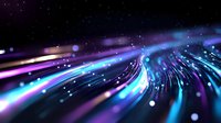 Glowing neon light trails with blue and purple streaks creating dynamic motion effect against dark background, abstract digital technology concept.