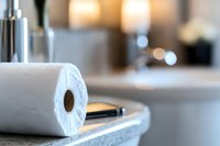 White paper towel roll on marble counter with soft bokeh background, creating minimalist composition for kitchen and bathroom interior design concepts.