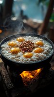 Traditional rice porridge with eggs and beans cooking over wood fire in cast iron pot with steam rising from hot nutritious breakfast meal.