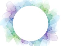 Watercolor frame with soft purple, blue and green paint splashes surrounding white circle space for text or design elements.