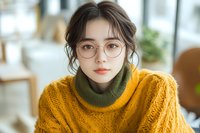 Young Asian woman in yellow knit sweater and olive turtleneck wearing round glasses, with soft natural makeup and romantic updo hairstyle looking at camera in bright interior.