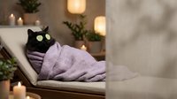 Black cat with green eyes relaxing on modern chair wrapped in purple knit blanket. Cozy home interior with candles and plants creating warm atmosphere.