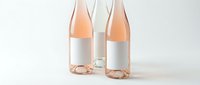 Three elegant wine bottles with blank white labels on clean background, featuring rose and white wine varieties for branding mockup and packaging design projects.