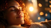 Young African American woman with curly hair relaxing with eyes closed in warm evening light, expressing serenity and peace against blurred bokeh background.