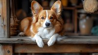 Adorable Pembroke Welsh Corgi dog with red and white fur lying on wooden porch railing, looking directly at camera with alert expression and perked ears.