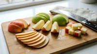 Fresh sliced apples and limes on wooden cutting board with knife for healthy cooking and food preparation in bright kitchen setting.