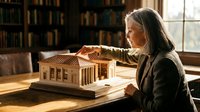 Senior woman with long gray hair, Caucasian ethnicity, architect or designer examining wooden architectural model of classical building in sunlit library office space.