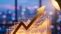 Golden arrow pointing upward with glowing financial charts and graphs overlay against blurred city skyline background at dusk for business growth presentations.
