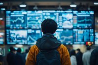 Asian man in yellow jacket looking at financial trading screens with stock market data and charts in modern trading room, business analysis concept.
