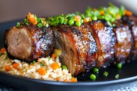 Glazed pork tenderloin sliced and served on bed of vegetable rice pilaf, garnished with fresh chopped herbs and colorful vegetables, close up food photography.