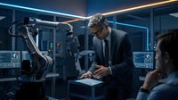 Middle-aged Caucasian male engineer in business suit examining robotic arm in modern laboratory with neon lighting and computer monitors, representing industrial automation and technology innovation.