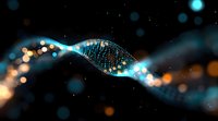 Glowing digital wave with blue and orange particles floating in dark space, abstract technology visualization representing data flow and connectivity.