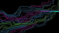 Abstract neon circuit board pathways with glowing colorful lines on black background for technology and digital design projects.
