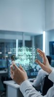 Hands holding glowing digital network hologram with connected lines and data visualization in modern office environment for technology and innovation concepts.
