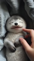 Smiling baby seal pup being gently petted while lying on soft blanket, showing contentment and joy with closed eyes and happy expression. Perfect for animal care themes.