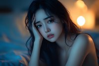 Young Asian woman with dreamy expression in moody evening lighting, resting head on hand against blue toned background with soft bokeh lights.