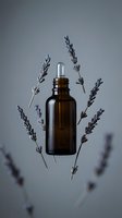 Amber glass dropper bottle with dried lavender stems on neutral background for natural skincare and aromatherapy products.