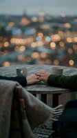 Romantic couple holding hands at wooden table with coffee cups overlooking blurred city lights at dusk creating intimate atmosphere for dating concepts.