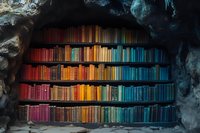 Colorful rainbow bookshelf arranged by hue inside natural cave setting, creating striking contrast between literature and raw stone environment.