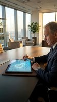 Mature Caucasian male executive in dark business suit reviewing digital strategy diagram on tablet in modern high-rise office with city skyline view, suitable for corporate, technology, and business planning concepts.