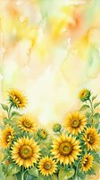 Watercolor sunflower border frame with yellow blooms and green leaves on textured paper background for greeting cards and invitations.