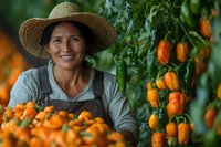 Smiling mature Hispanic female farmer in straw hat harvesting bright orange habanero peppers in greenhouse. Sustainable agriculture concept.