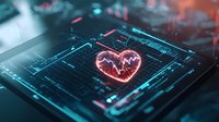 Glowing neon heart pulse on computer processor chip with circuit patterns in dark cyan and pink colors, futuristic medical technology concept.