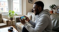 Young African American man playing mobile games on smartphone while relaxing on living room sofa at home during leisure time.