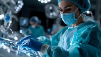 Asian female surgeon in protective gear performing operation in modern hospital operating room with surgical lights and team in background.