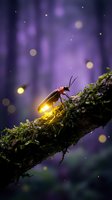 Glowing firefly on moss-covered branch against magical purple bokeh background with sparkling lights creating enchanting forest atmosphere.