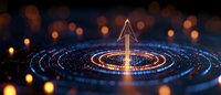 Glowing golden arrow rises through illuminated circular patterns against dark background with bokeh lights, representing growth and digital transformation.