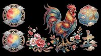 Watercolor rooster with Chinese zodiac decorative elements, floral motifs, and ornate frames isolated on transparent background. Great for clipart, stickers, t-shirt design, print on demand.