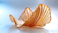 Delicate translucent potato chip with curved rippled texture and golden-orange hue on light background, macro photography showing fine details and natural light.