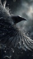 Dramatic black raven in flight with water splash effect against moody dark background, creating mystical atmosphere for fantasy or gothic designs.