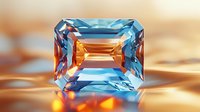 Emerald cut gemstone in vibrant blue and orange tones reflecting light on metallic surface, macro photography showing facets and crystal structure details.