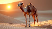 Majestic dromedary camel standing on sand dunes during golden sunset in desert, warm sunlight illuminating its fur, dramatic sky and atmospheric landscape.