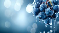 Fresh dark grapes with water drops and icicles against blurred blue bokeh background, dramatic lighting creates moody atmosphere for food photography.