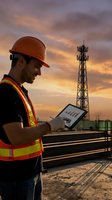 Male engineer wearing orange hard hat and reflective safety vest using tablet at telecommunications tower site during golden hour sunset, monitoring network infrastructure and communications equipment.