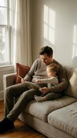 Father and toddler son reading book together on couch in warm sunlit living room. Family bonding time, parenting, early childhood education concept.